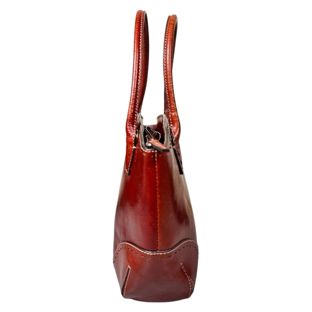 Vintage Fossil Cognac Leather Satchel Double Handle Bag Classic Y2K Key Charm - Picture 5 of 15